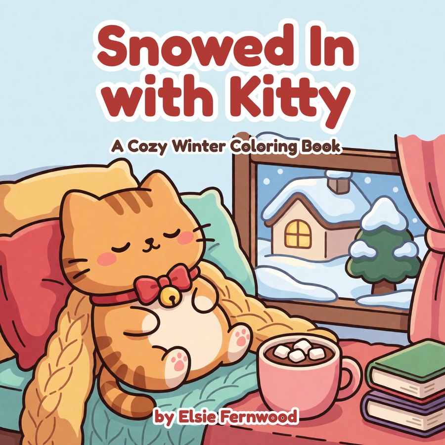 Cover of Snowed In with Kitty: A Cozy Winter Coloring Book by Elsie Fernwood, with a ginger cat asleep on a window seat beside a mug of hot cocoa