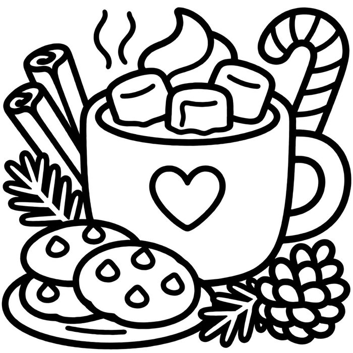 Free coloring page: a big mug of hot cocoa with marshmallows and cookies