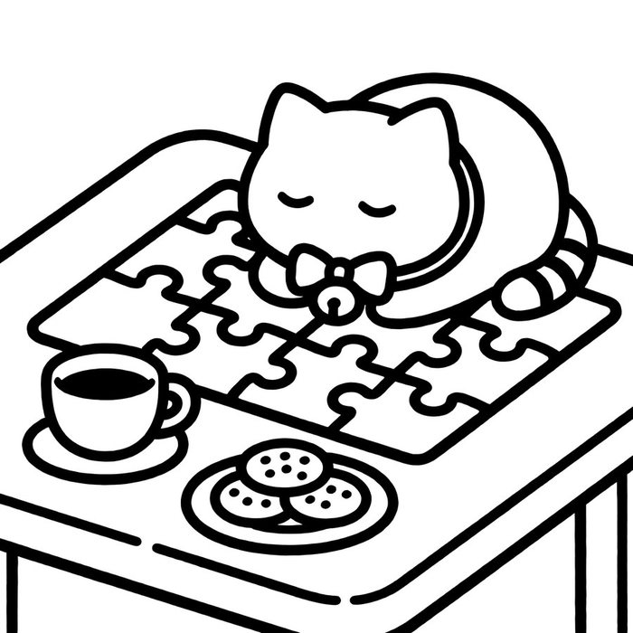 Free coloring page: a cat asleep on a jigsaw puzzle next to tea and cookies