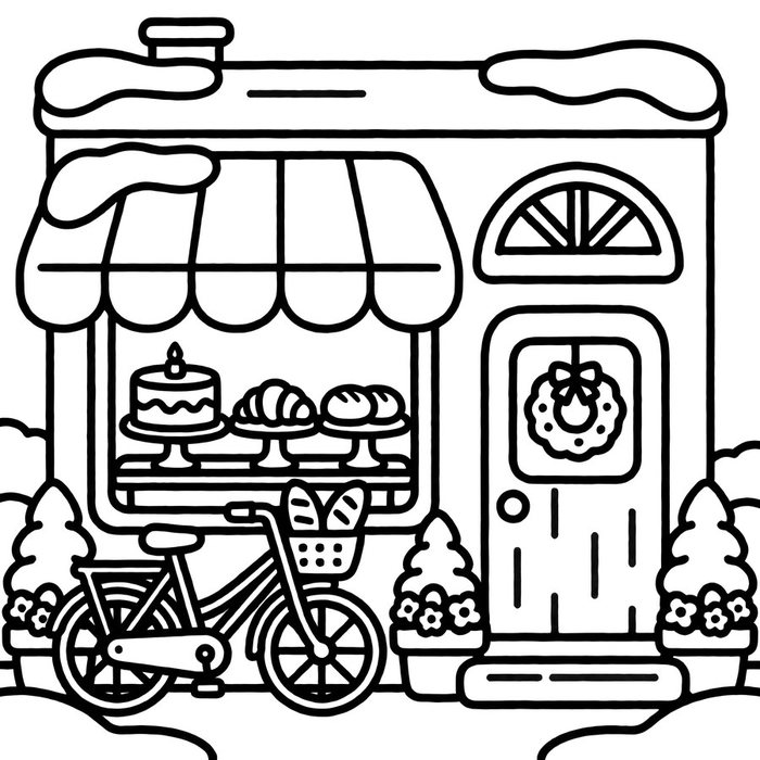 Coloring page: a little bakery shopfront with cakes in the window and a bicycle outside