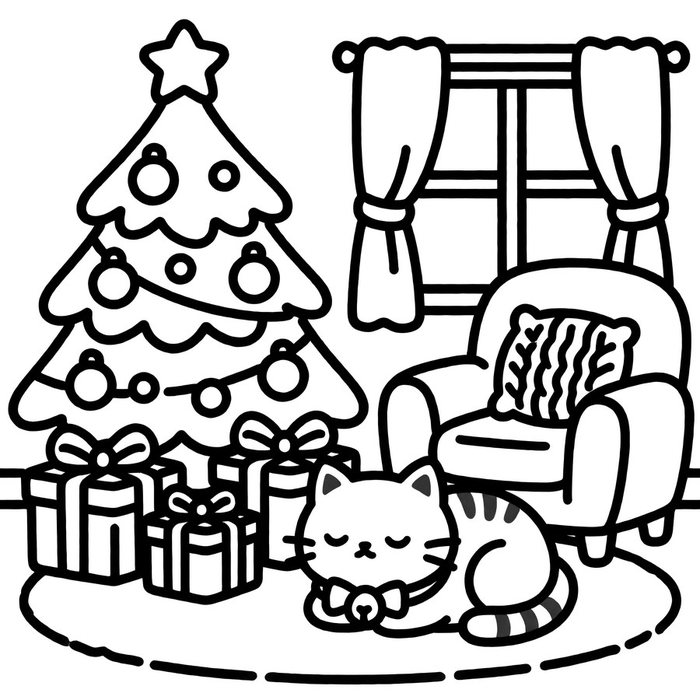 Coloring page: a decorated Christmas tree with presents and a cat curled up on a rug
