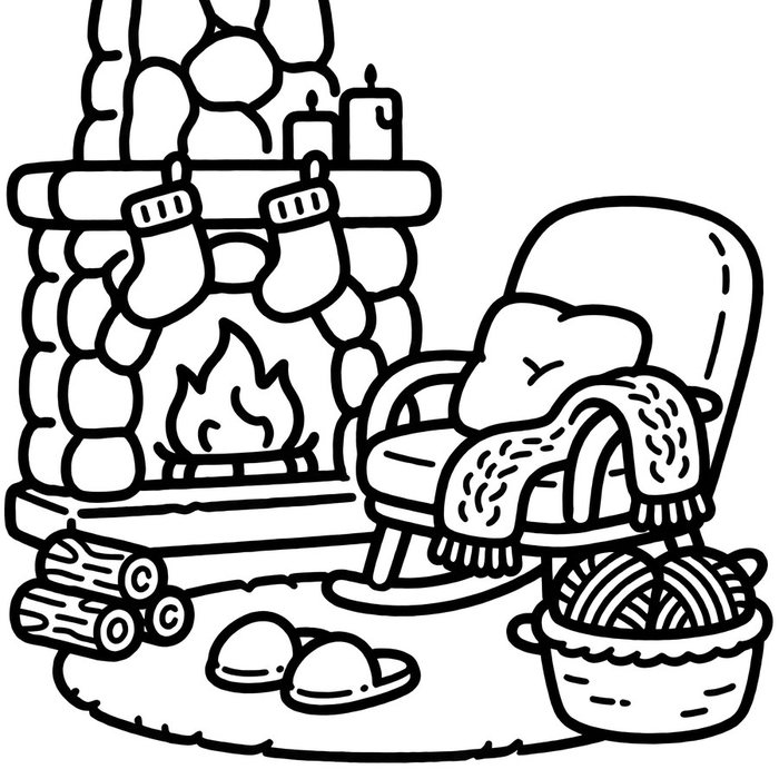 Coloring page: a stone fireplace with stockings, a rocking chair and a basket of yarn