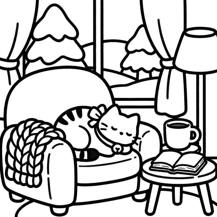 Coloring page: a cat asleep in an armchair by a snowy window with a book and a mug