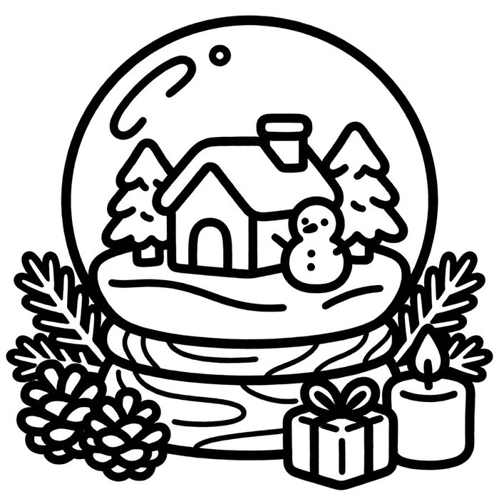 Coloring page: a snow globe with a tiny cottage, a snowman and pine cones