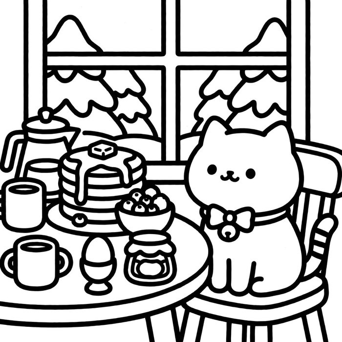 Coloring page: a cat sitting at a breakfast table with pancakes and tea